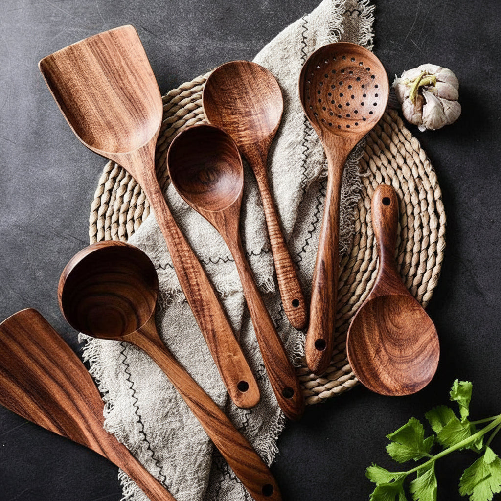 Handcrafted Wooden Kitchen Utensils Set Non Scratch for Everyday Cooking | Temsk