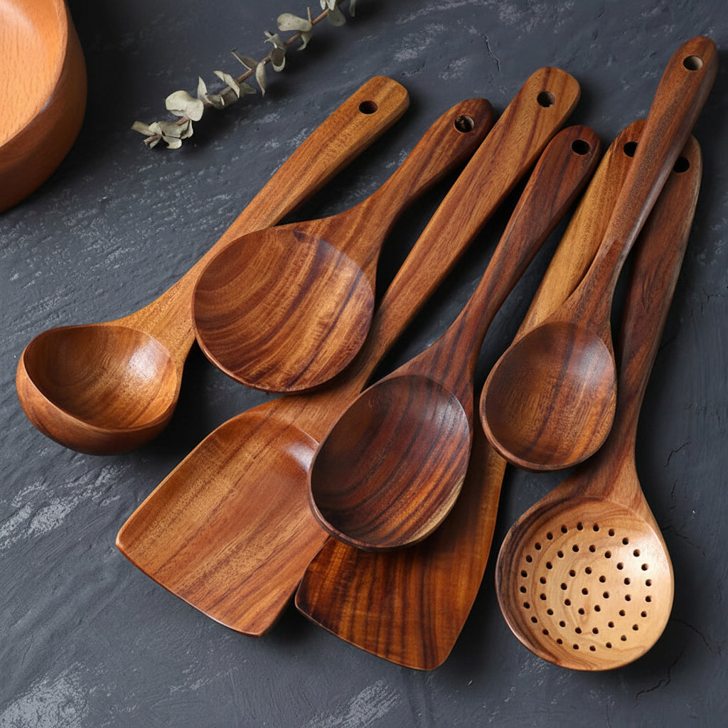 Handcrafted Wooden Kitchen Utensils Set Non Scratch for Everyday Cooking | Temsk