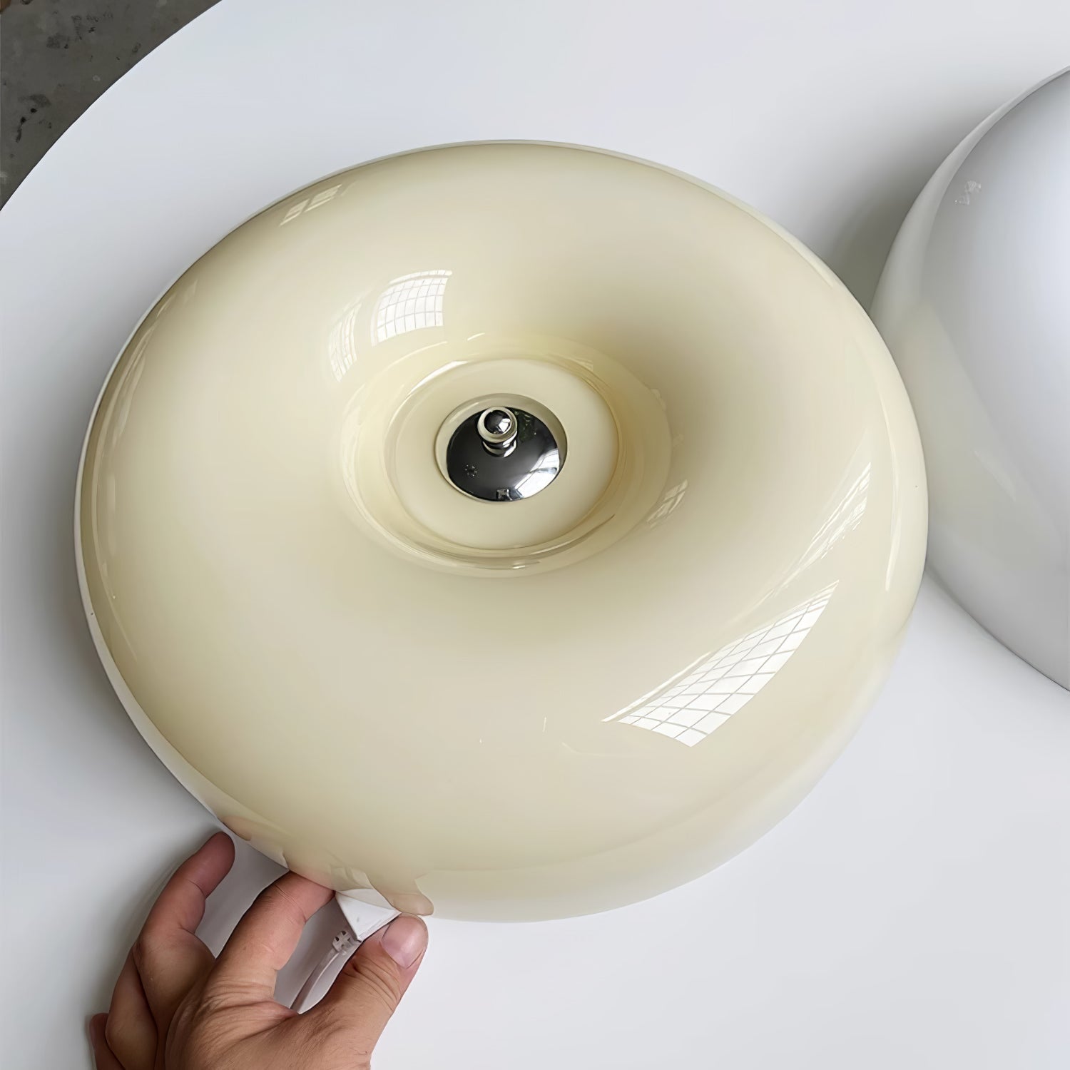Cream Pudding Milk Glass Ceiling Light With Silver Accent, Dimmable Warm White | Temsk