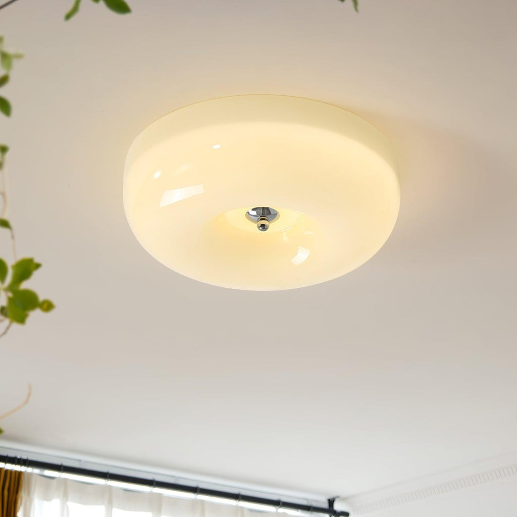 Cream Pudding Milk Glass Ceiling Light With Silver Accent, Dimmable Warm White | Temsk