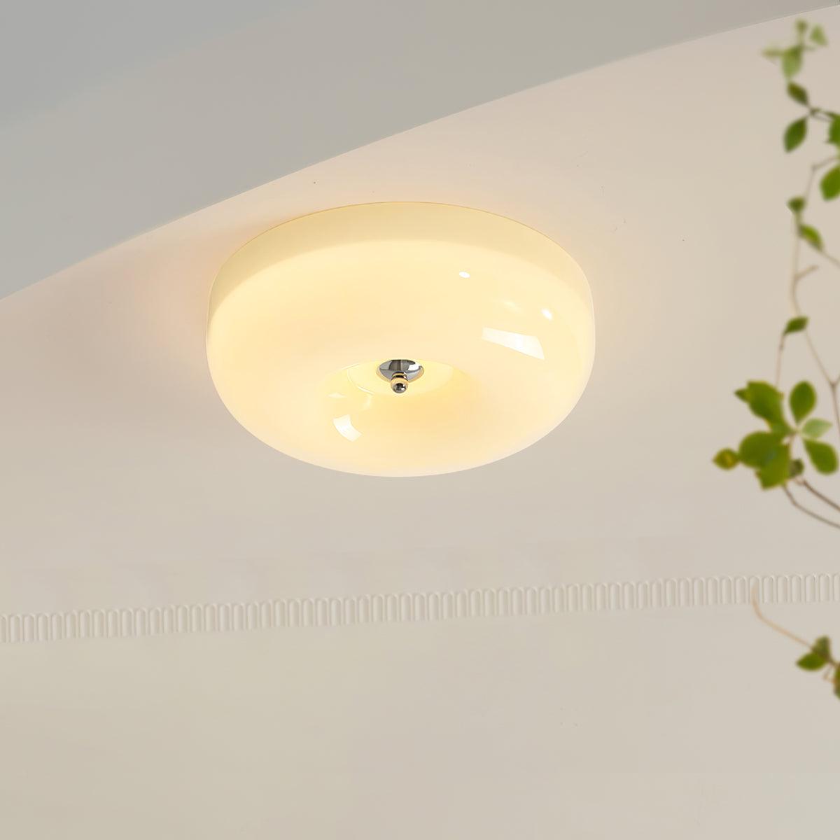 Cream Pudding Milk Glass Ceiling Light With Silver Accent, Dimmable Warm White | Temsk
