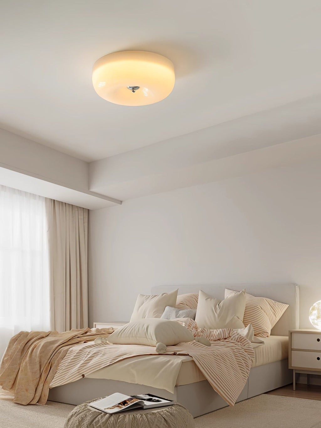 Cream Pudding Milk Glass Ceiling Light With Silver Accent, Dimmable Warm White | Temsk