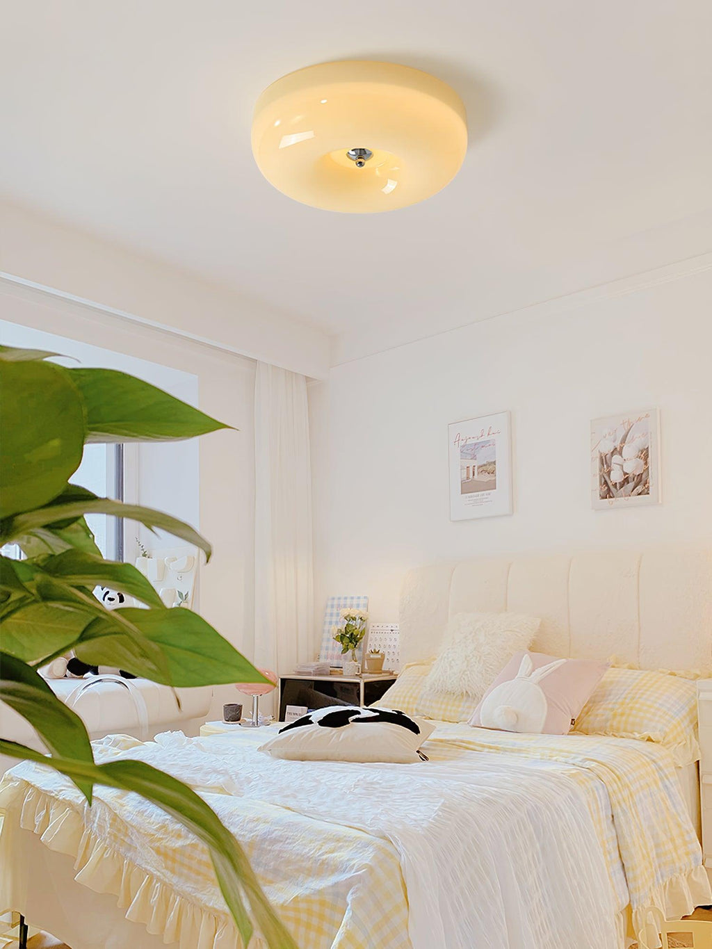 Cream Pudding Milk Glass Ceiling Light With Silver Accent, Dimmable Warm White | Temsk