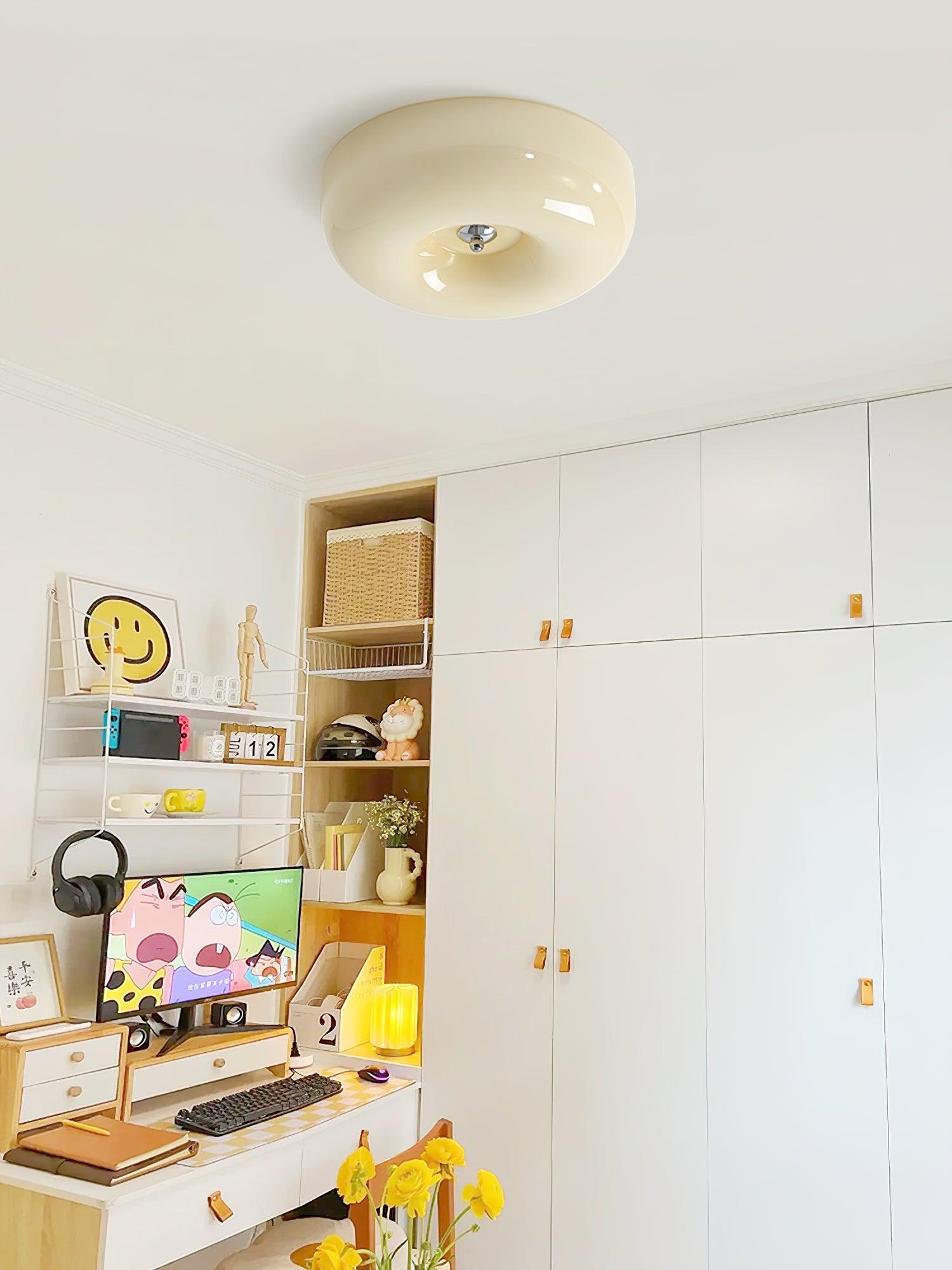 Cream Pudding Milk Glass Ceiling Light With Silver Accent, Dimmable Warm White | Temsk
