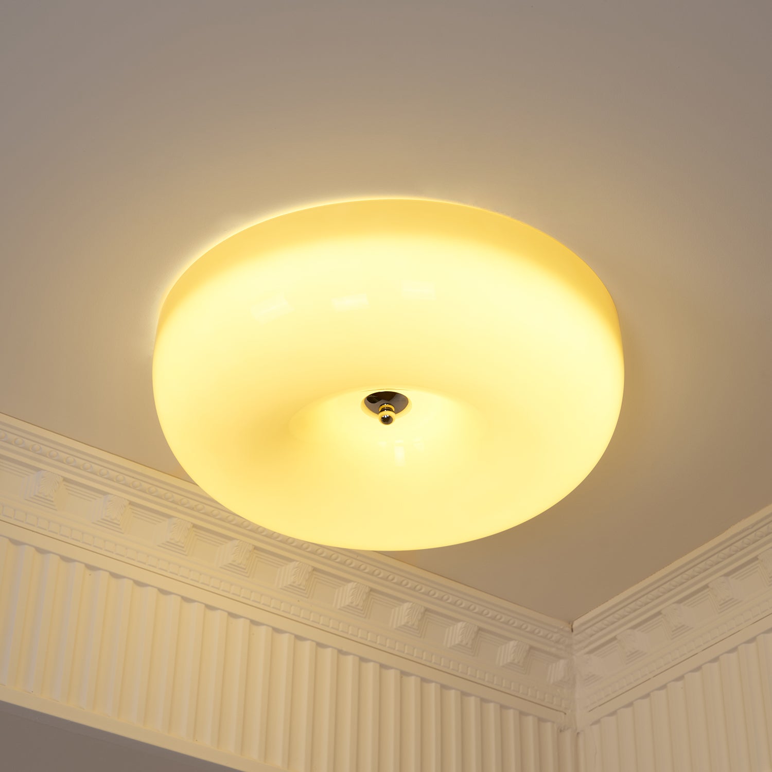 Cream Pudding Milk Glass Ceiling Light With Silver Accent, Dimmable Warm White | Temsk