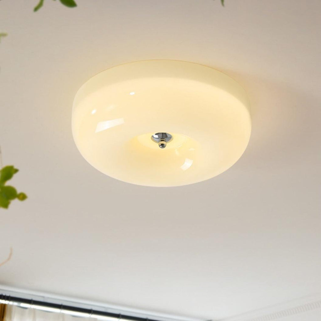 Cream Pudding Milk Glass Ceiling Light With Silver Accent, Dimmable Warm White | Temsk