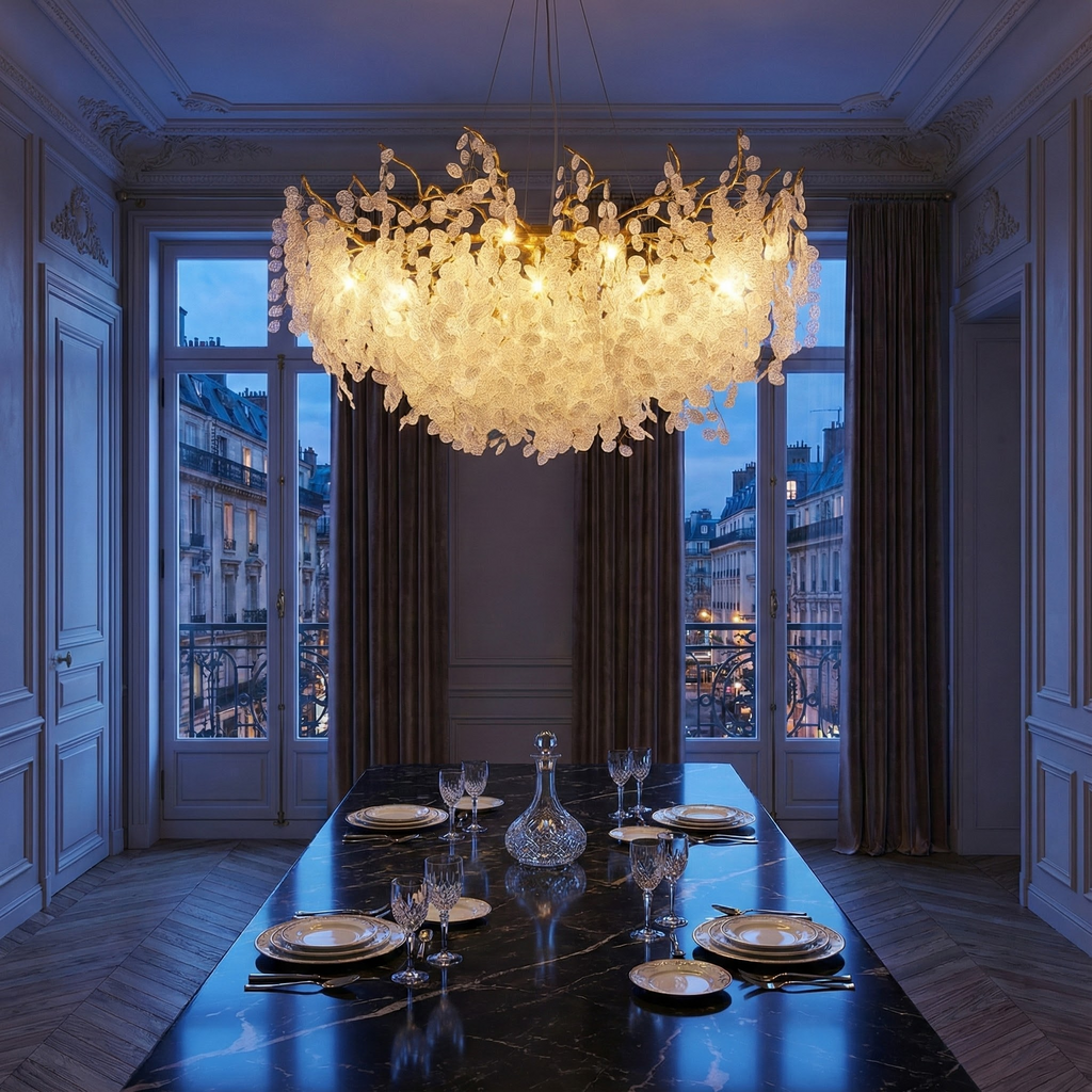 CascadeAura křišťálový lustr do jídelny, elegantní moderní osvětlení | Temsk