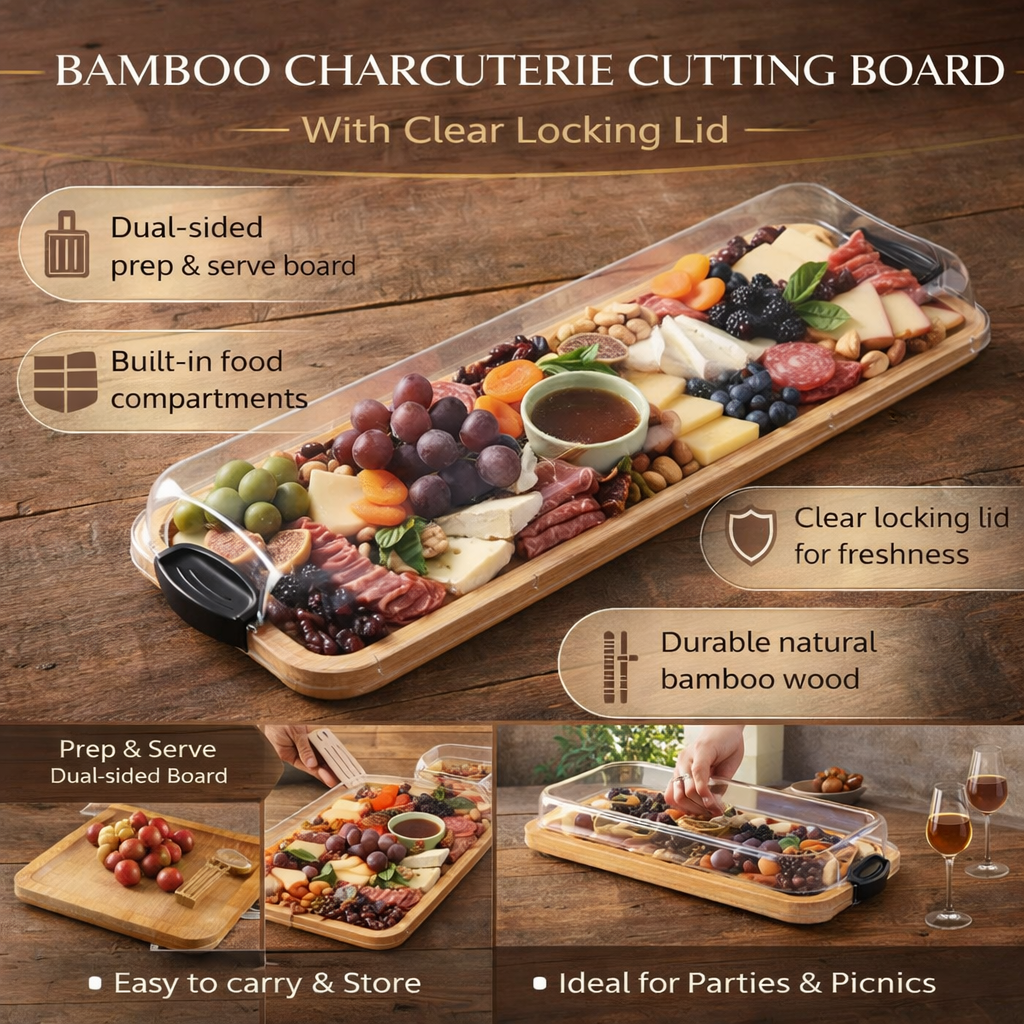 Bamboo Charcuterie Board With Locking Lid And Serving Tray | Temsk