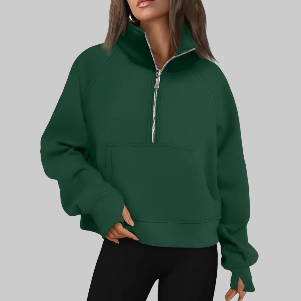 Kvinders cropped fleece-sweatshirt med halv lynlås til daglig varme | Temsk