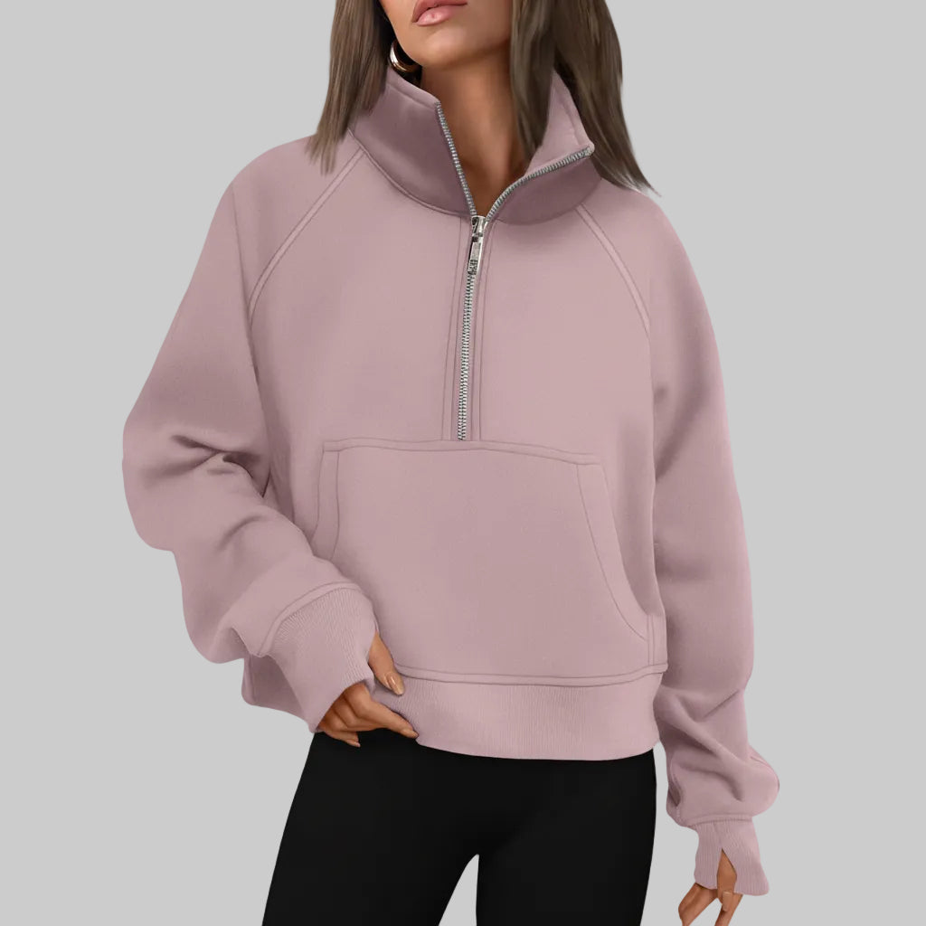 Kvinders cropped fleece-sweatshirt med halv lynlås til daglig varme | Temsk