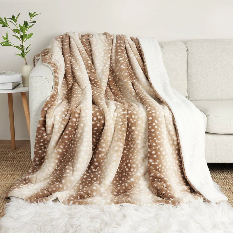 NatureNest Cozy Wild Fur Blanket With Deer Motif - Reversible Plush Comfort | Temsk