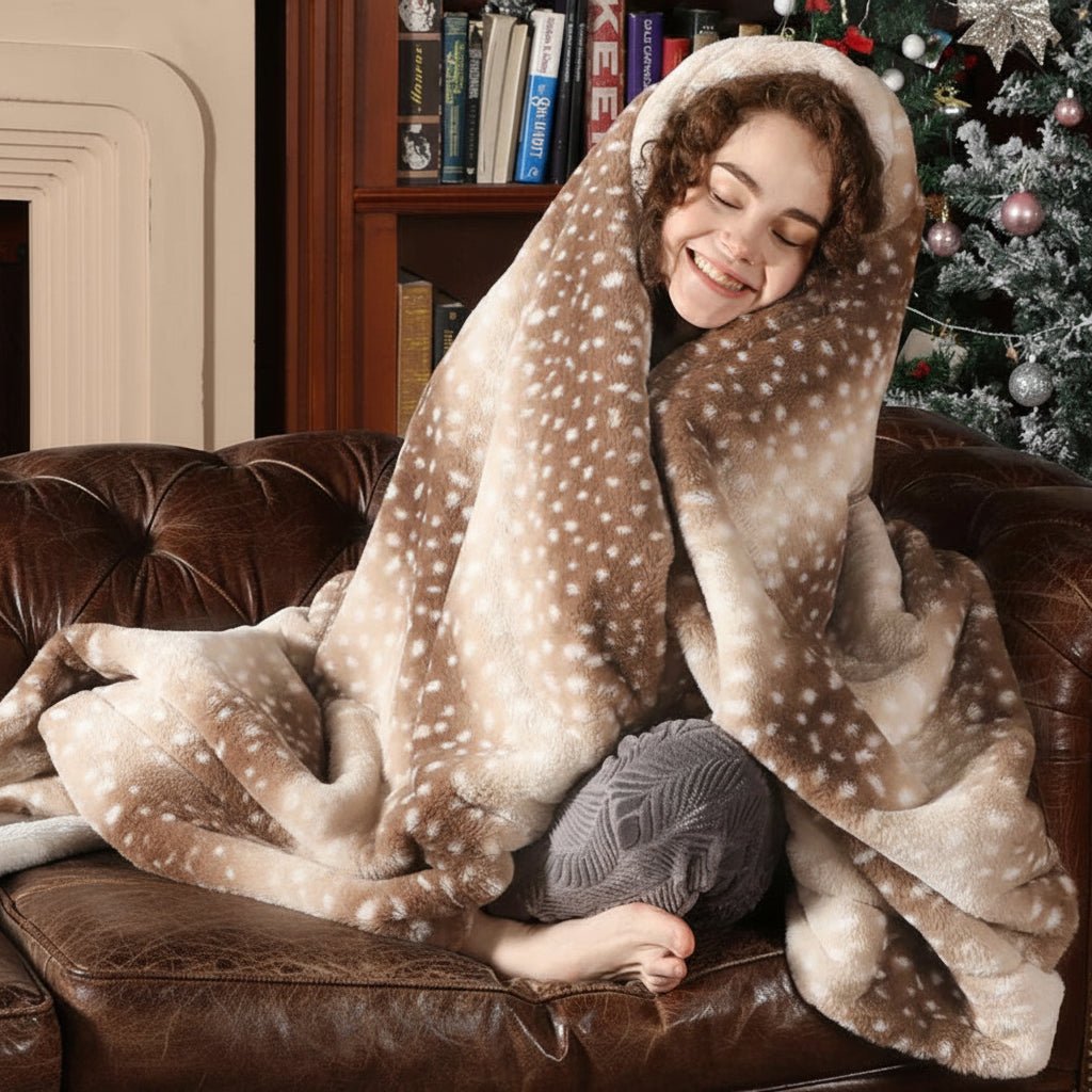 NatureNest Cozy Wild Fur Blanket With Deer Motif - Reversible Plush Comfort | Temsk