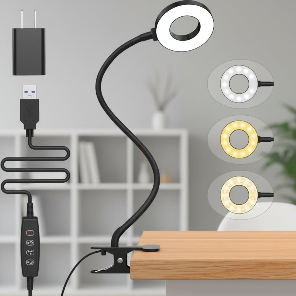 Clip On Desk Lamp With Flexible Gooseneck And Reading Light LED Three Color Modes | Temsk