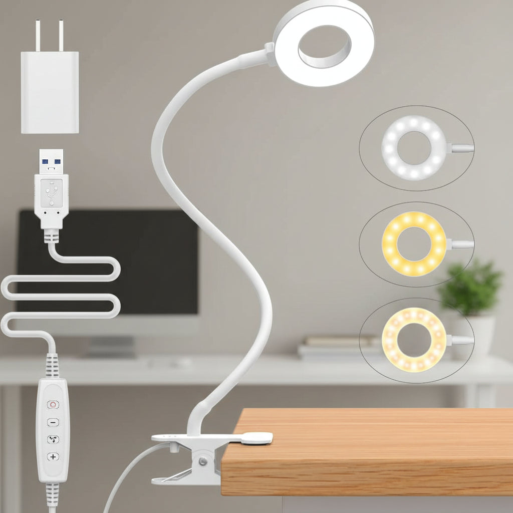 Clip On Desk Lamp With Flexible Gooseneck And Reading Light LED Three Color Modes | Temsk