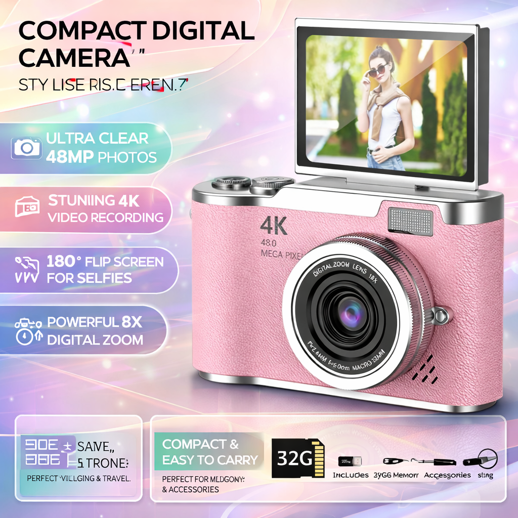 4K-Digitalkamera mit Klappbildschirm, 48MP und 8-fachem Zoom für Fotos und Videos | Temsk