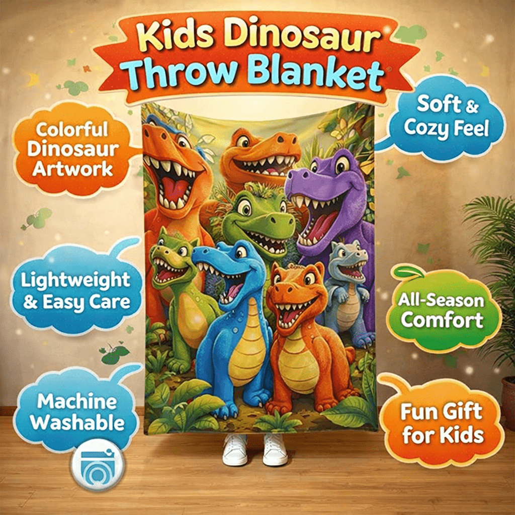 Bunte Dinosaurier-Kinderdecke aus weichem Fleece für Bett oder Couch | Temsk