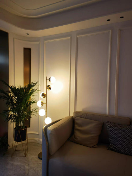 Elara LED Boom Lamp With Glass Orbs On Golden Pole Snurv Temsk