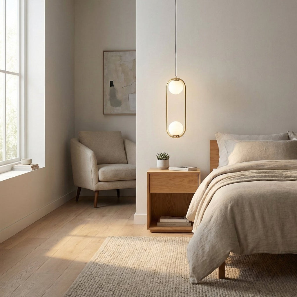 Závěsné svítidlo s dvojitou koulí v moderním kovovém a skleněném designu | Temsk