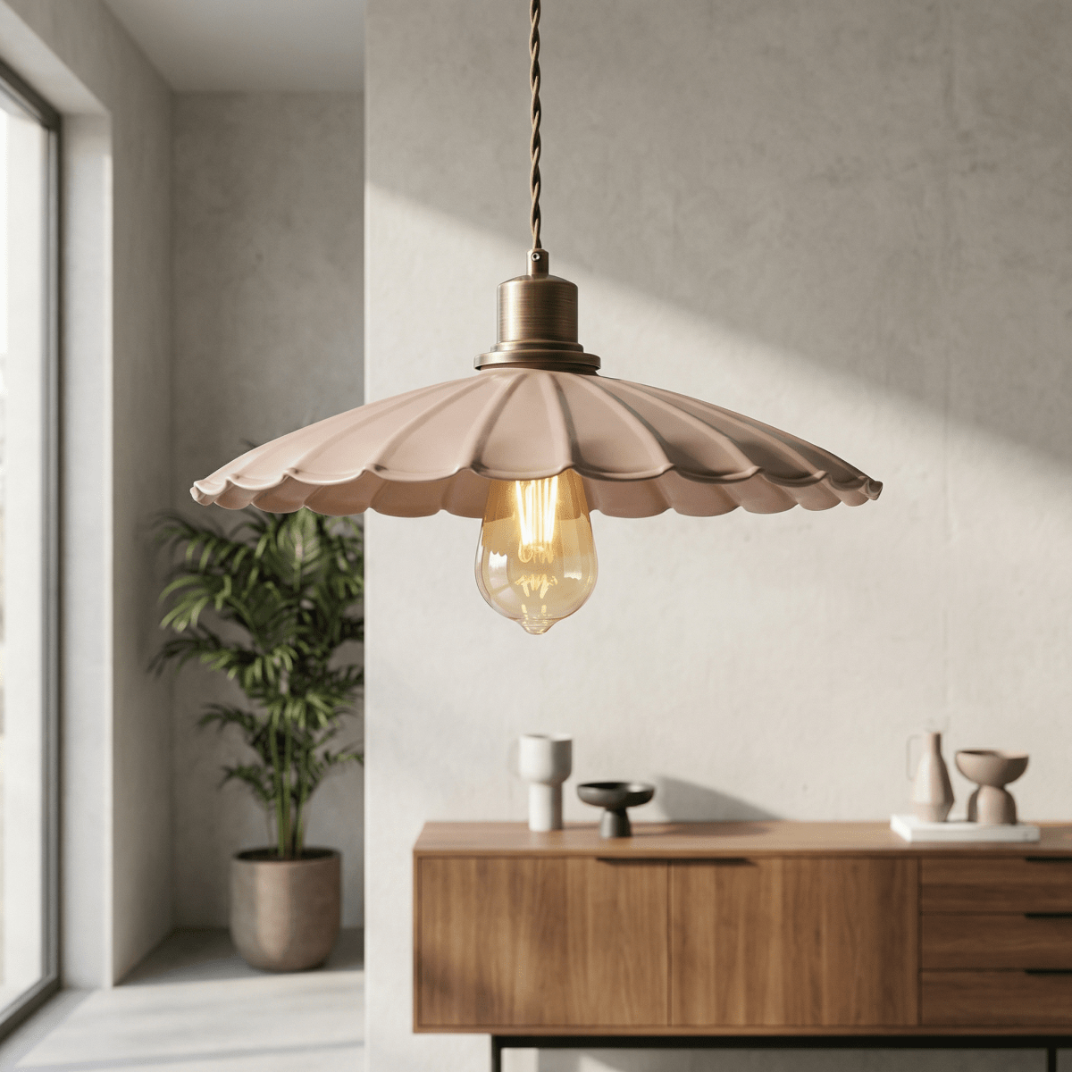 Scalloped Pendant Light Fixture In Dusky Pink With Gold Accent | Temsk