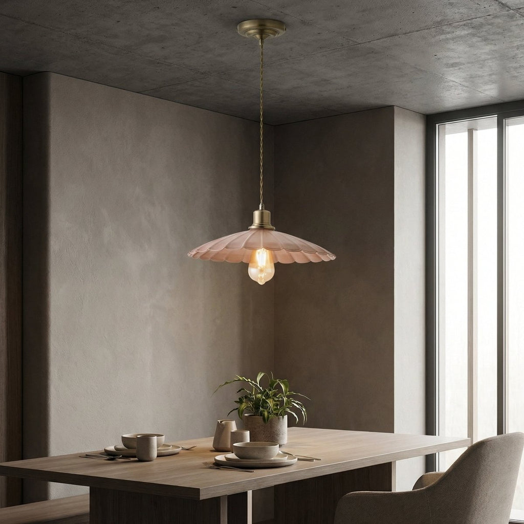 Scalloped Pendant Light Fixture In Dusky Pink With Gold Accent | Temsk