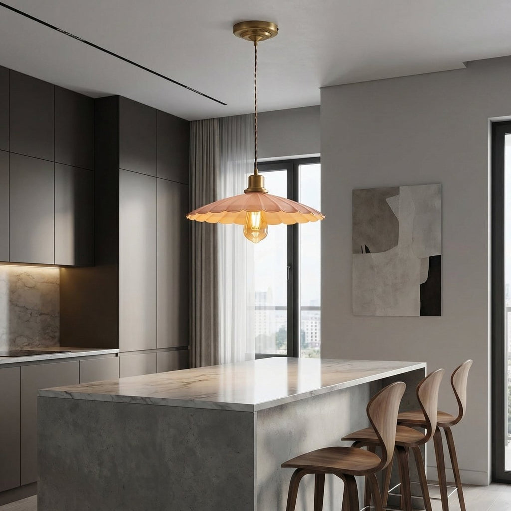 Scalloped Pendant Light Fixture In Dusky Pink With Gold Accent | Temsk