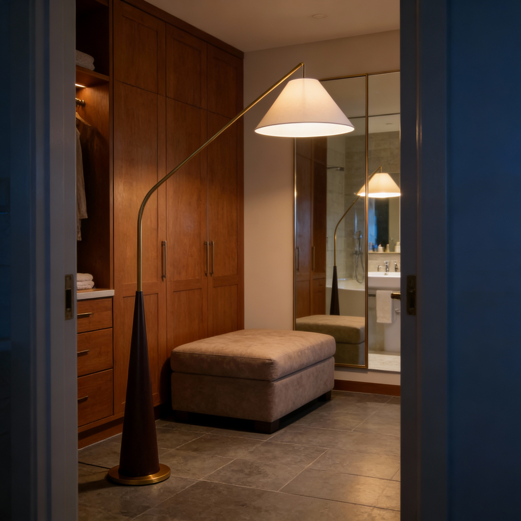 LumaArc Elegant Modern Gold Arc Floor Lamp With Wood Base | Temsk