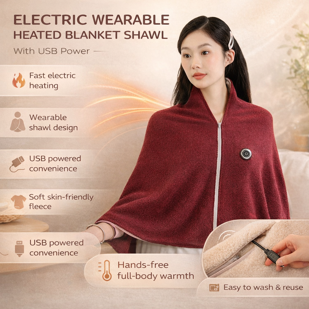 Wearable USB Heated Blanket Shawl For Fast, Cozy Warmth At Home Or Travel | Temsk