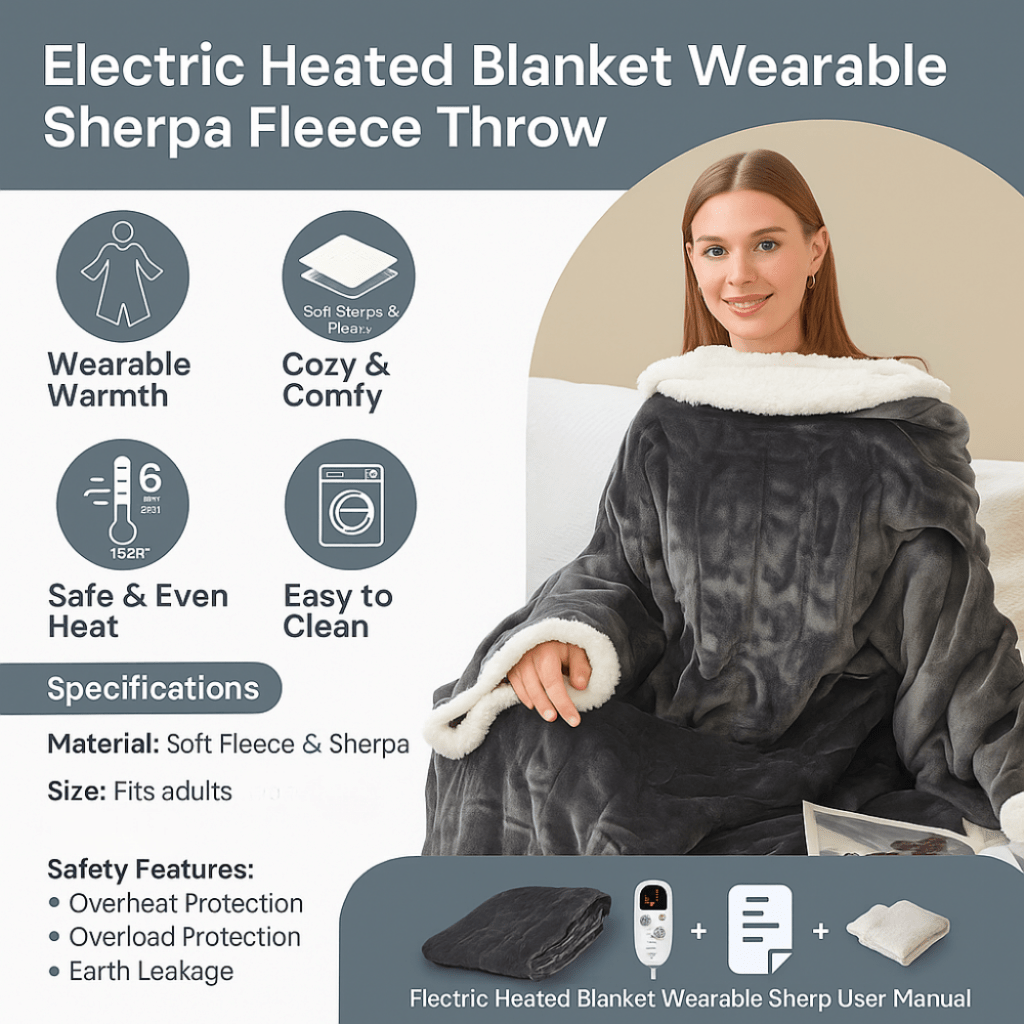 Elektrische tragbare Decke für Erwachsene, beheizt mit Sherpa-Fleece-Überwurf | Temsk
