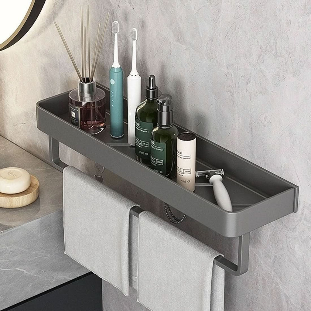 AquaLuxe Bath Wall Shelf With Towel Rail And No Drill Installation | Temsk