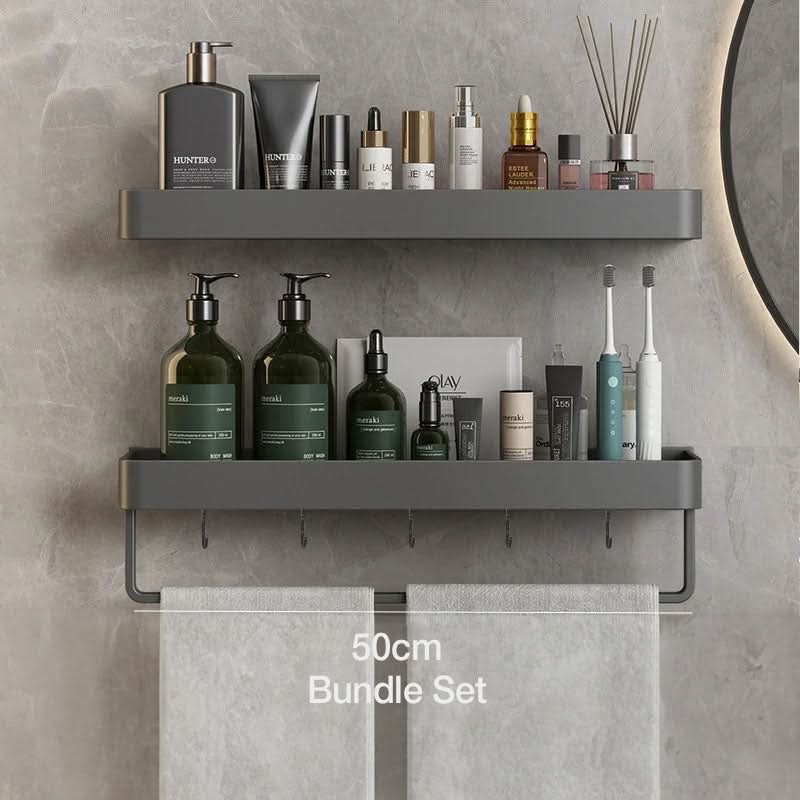 AquaLuxe Bath Wall Shelf With Towel Rail And No Drill Installation | Temsk