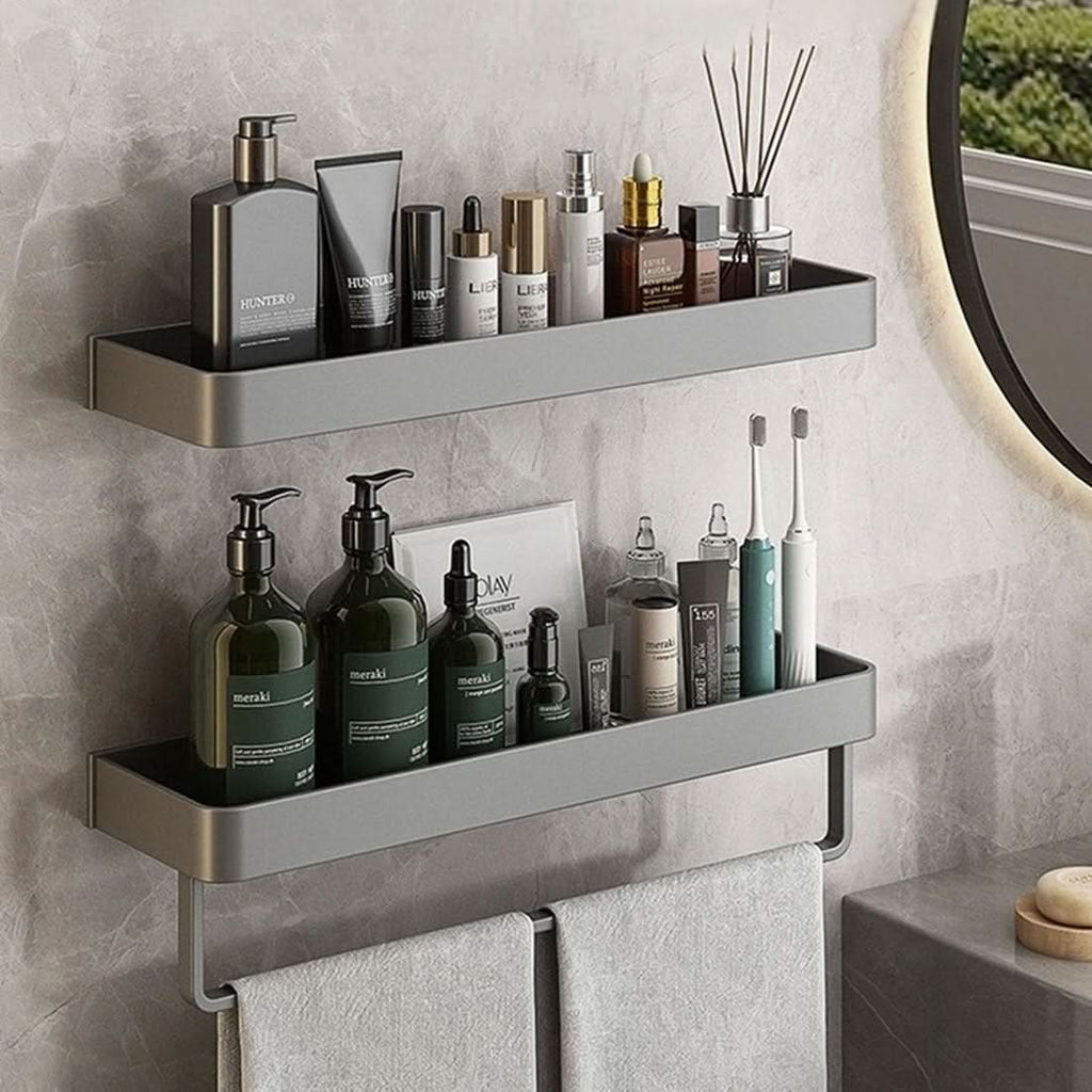 AquaLuxe Bath Wall Shelf With Towel Rail And No Drill Installation | Temsk