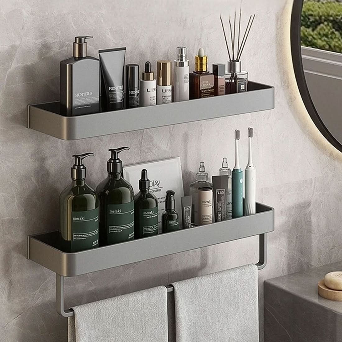 AquaLuxe Bath Wall Shelf With Towel Rail And No Drill Installation | Temsk