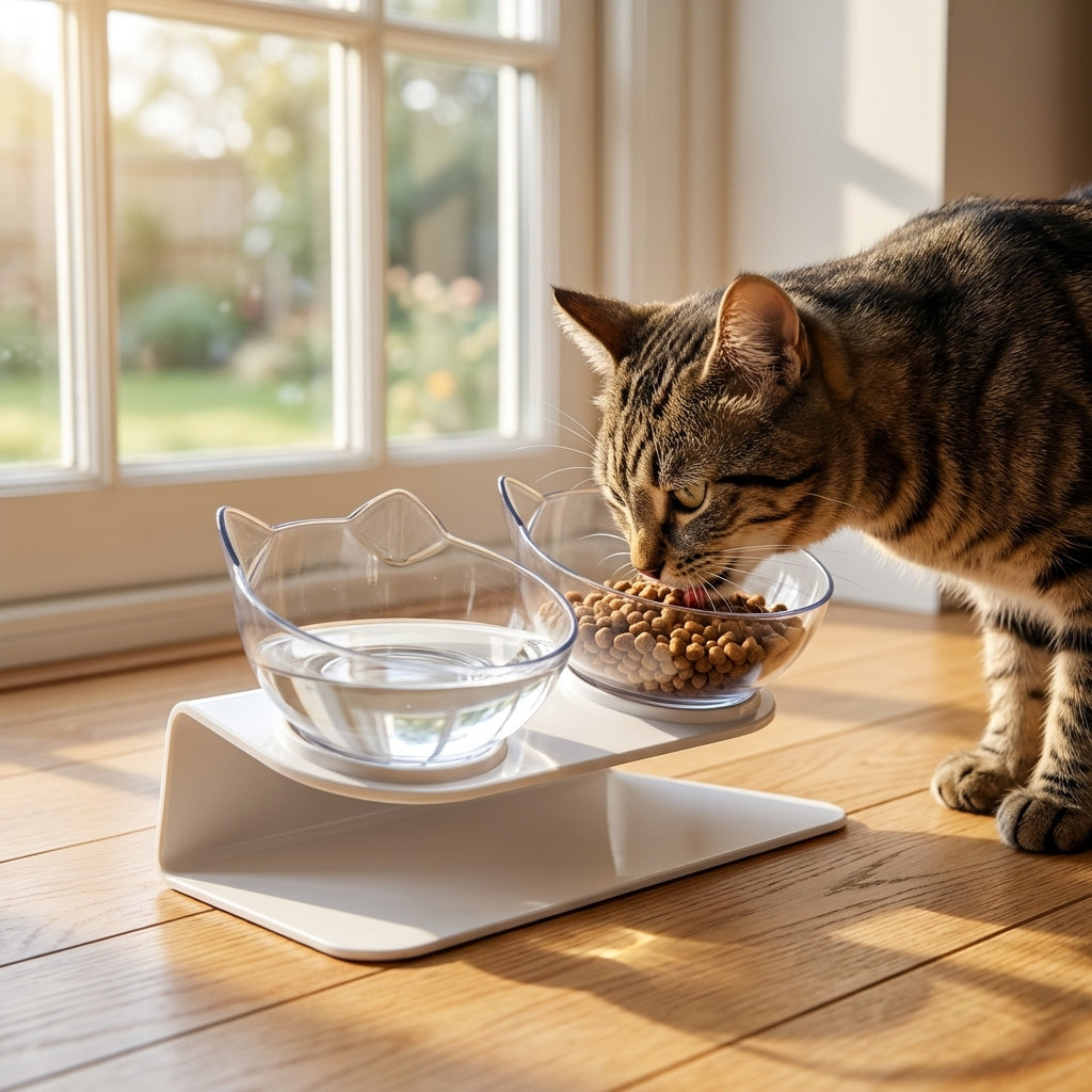 Raised Double Cat Feeding Station With 15 Degree Tilted Bowls BPA Free | Temsk