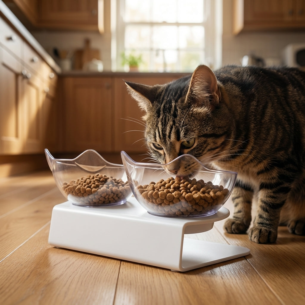 Raised Double Cat Feeding Station With 15 Degree Tilted Bowls BPA Free | Temsk
