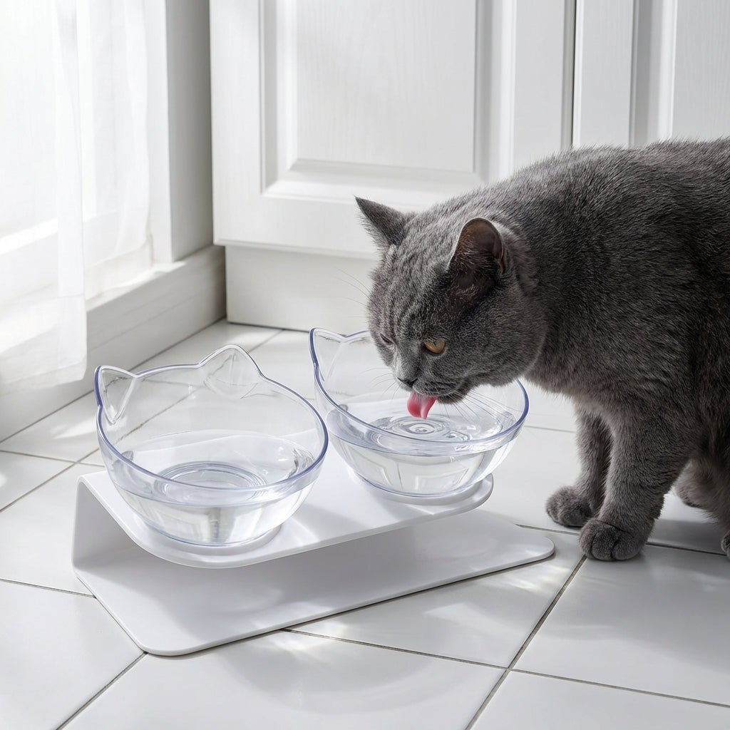 Raised Double Cat Feeding Station With 15 Degree Tilted Bowls BPA Free | Temsk