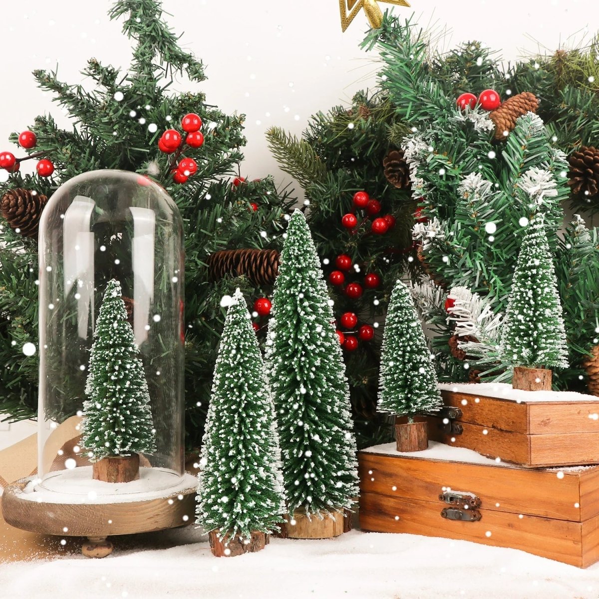 FrostSprig Flocked Mini Fir Set, 5 Pieces For Christmas Decoration | Temsk