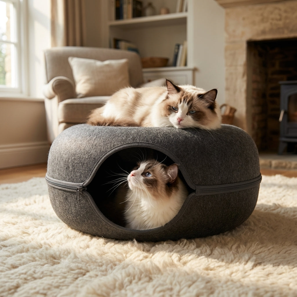 Felt Donut Cat Bed and Tunnel 2-In-1 Collapsible with Zipper | Temsk