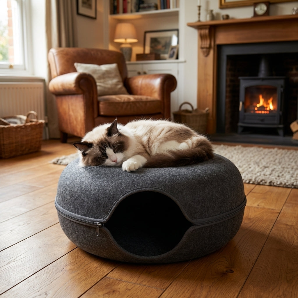 Felt Donut Cat Bed and Tunnel 2-In-1 Collapsible with Zipper | Temsk