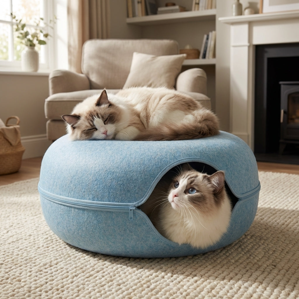 Felt Donut Cat Bed and Tunnel 2-In-1 Collapsible with Zipper | Temsk