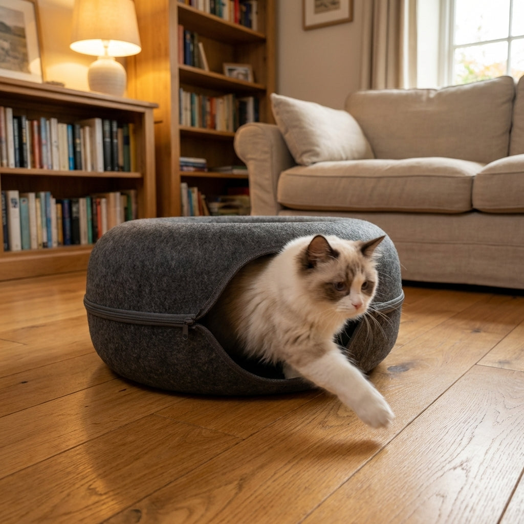 Felt Donut Cat Bed and Tunnel 2-In-1 Collapsible with Zipper | Temsk