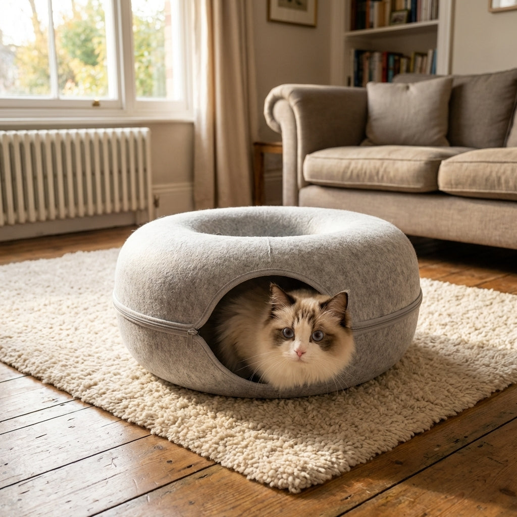 Felt Donut Cat Bed and Tunnel 2-In-1 Collapsible with Zipper | Temsk