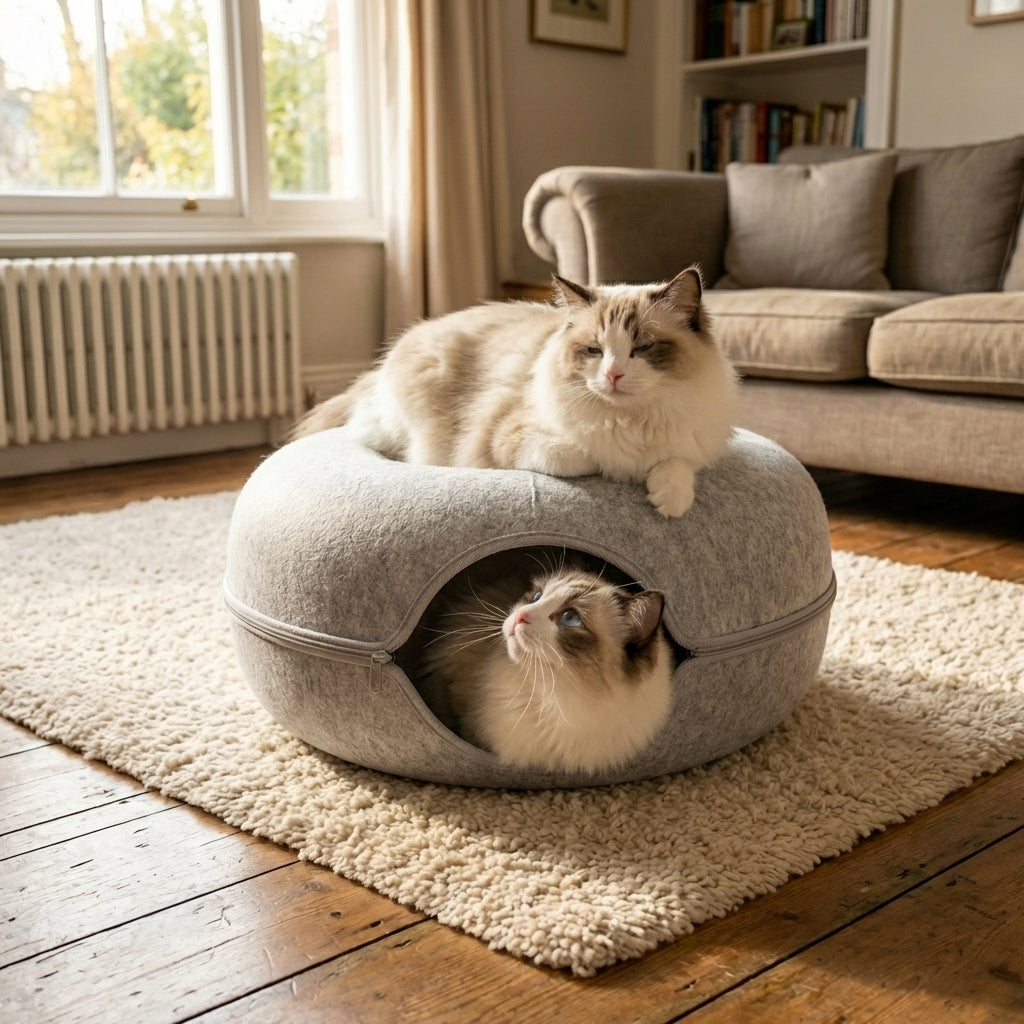 Felt Donut Cat Bed and Tunnel 2-In-1 Collapsible with Zipper | Temsk