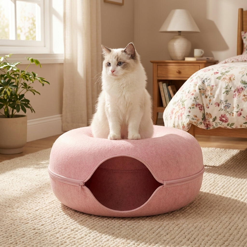 Felt Donut Cat Bed and Tunnel 2-In-1 Collapsible with Zipper | Temsk