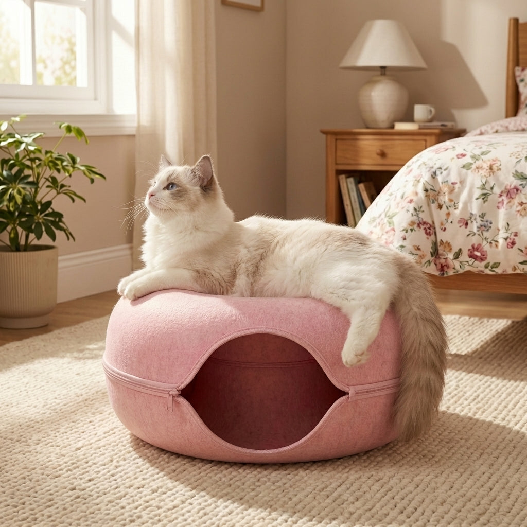 Felt Donut Cat Bed and Tunnel 2-In-1 Collapsible with Zipper | Temsk