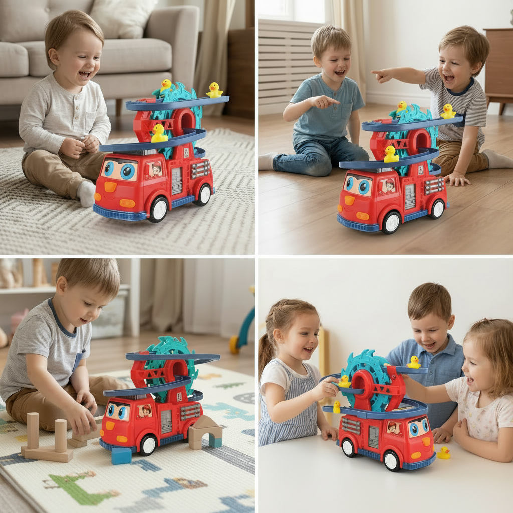 Toy Fire Truck With Duck Slide And Track Lights And Sounds | Temsk