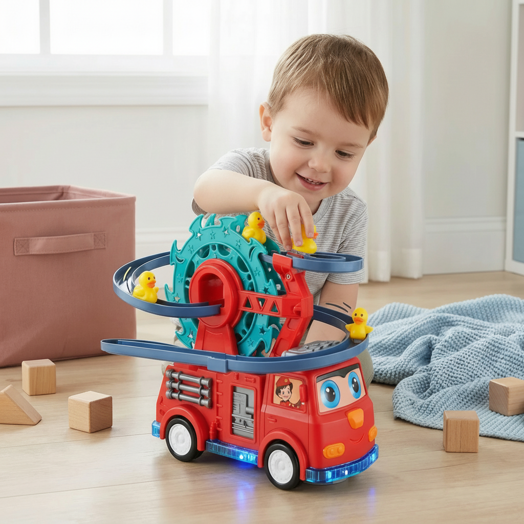 Toy Fire Truck With Duck Slide And Track Lights And Sounds | Temsk