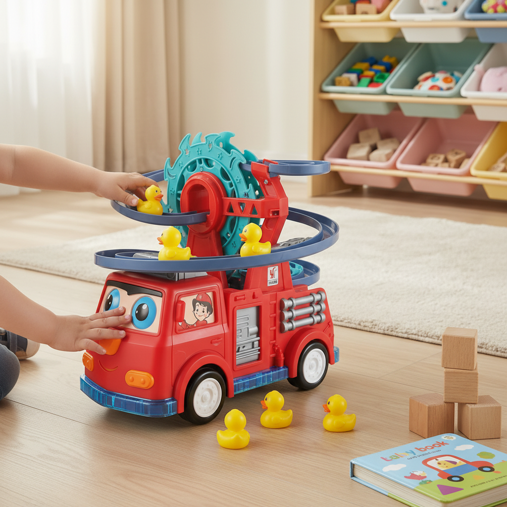 Toy Fire Truck With Duck Slide And Track Lights And Sounds | Temsk