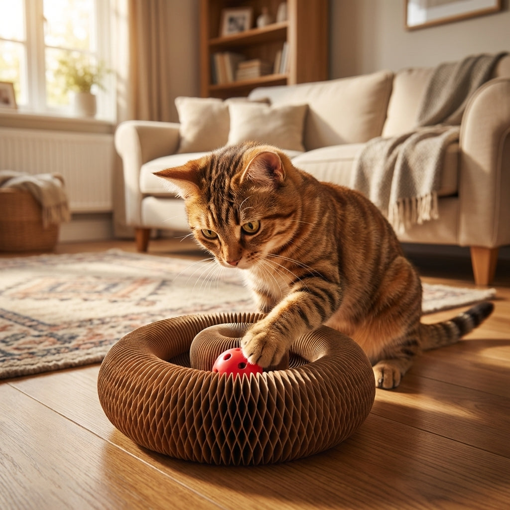 Foldable Corrugated Cardboard Cat Scratcher With Ball Track 4 In 1 | Temsk