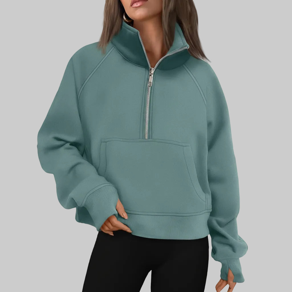 Kvinders cropped fleece-sweatshirt med halv lynlås til daglig varme | Temsk