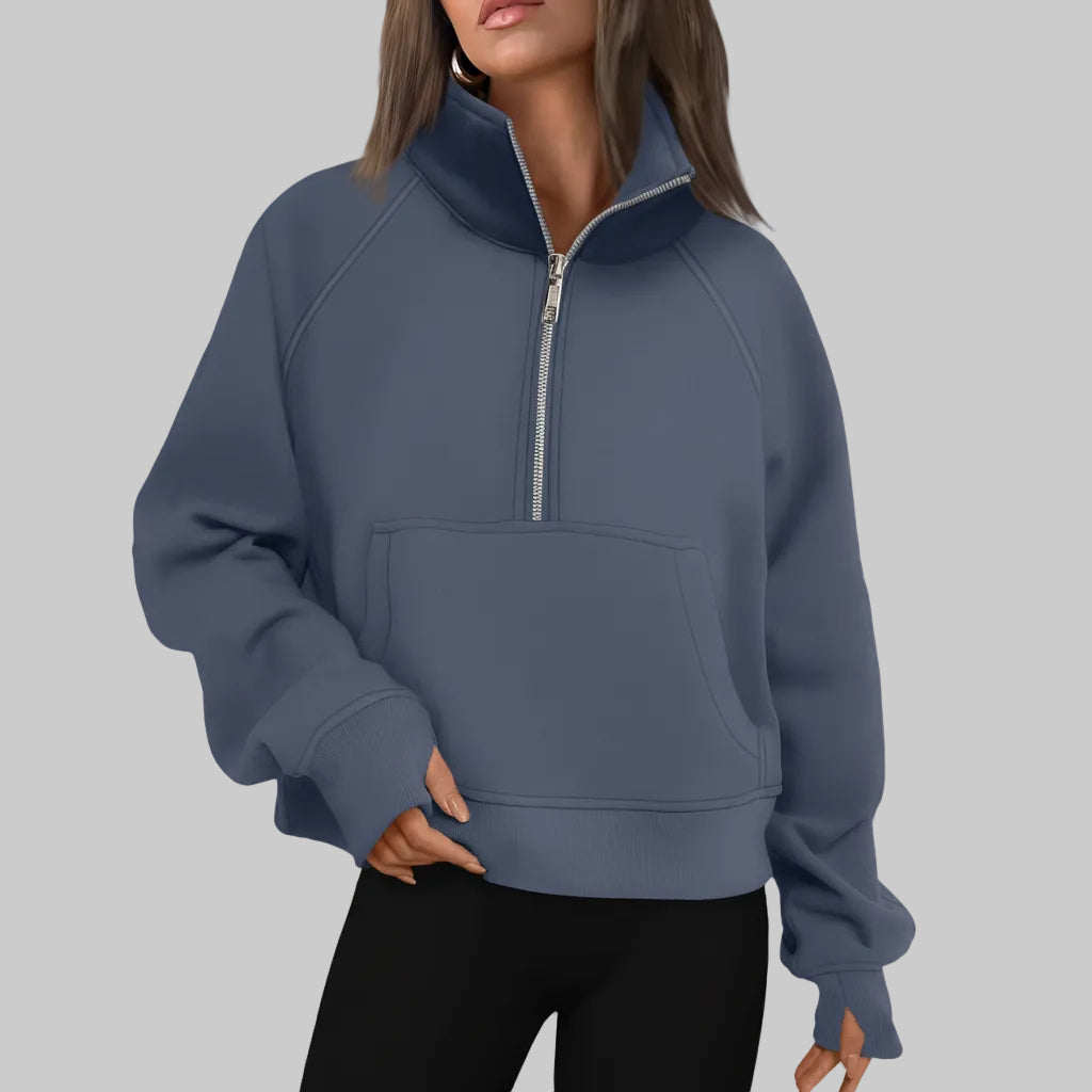 Kvinders cropped fleece-sweatshirt med halv lynlås til daglig varme | Temsk